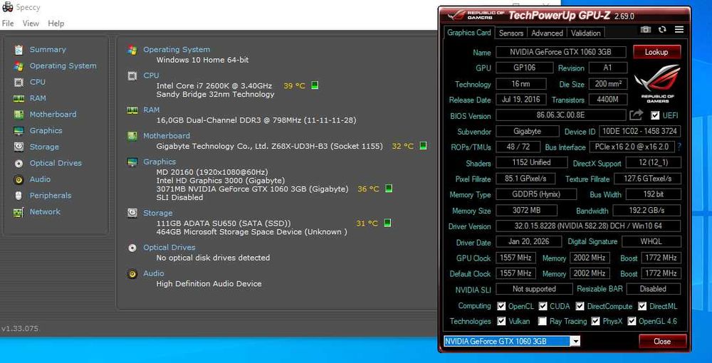 Unitate PC- i7 2600K, 16GB RAM, NVIDIA GTX 1060 3GB DDR5 192 BITI