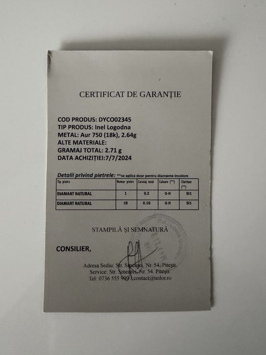 Inel logodna aur alb 18K cu diamante naturale TEILOR, acte complete