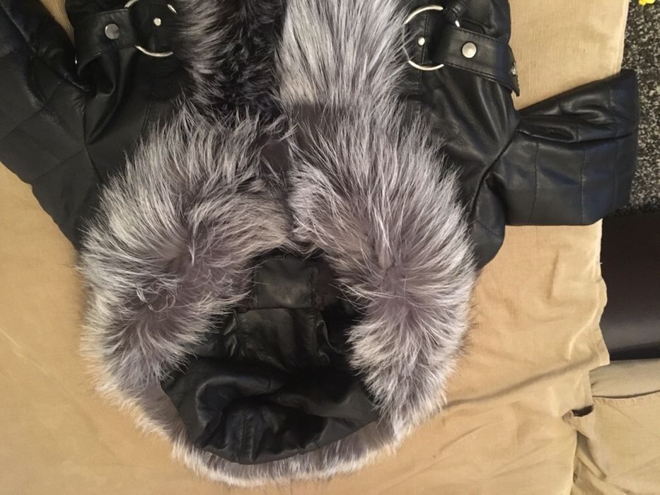 Geaca piele+blana - gluga/guler lung vulpe argintie, NOUA