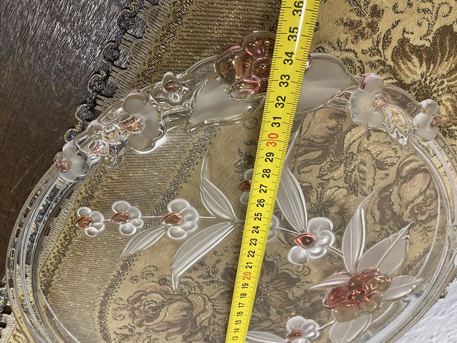 Голям поднос цветен кристал релефни орнаменти Германия 1960