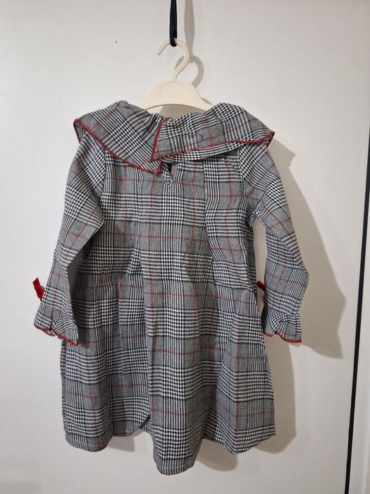 Карирана детска рокля с панделки– Сива, 3-4 г