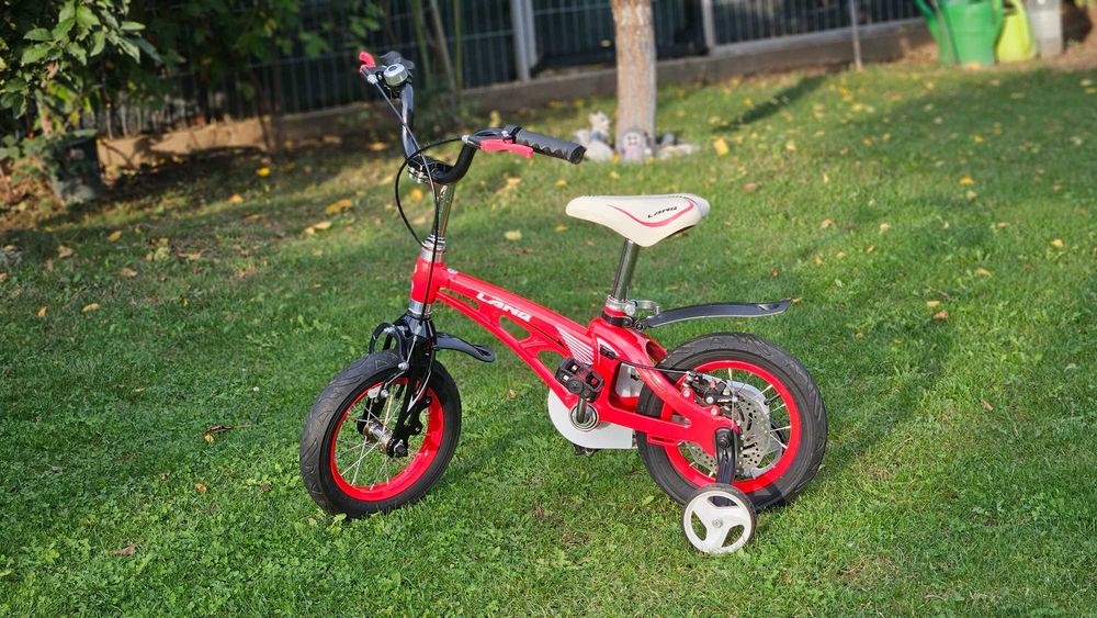Bicicleta 12" copii LANQ W1256D aliaj magneziu frana spate disc. Stare EXCELENTA roti ajutatoare