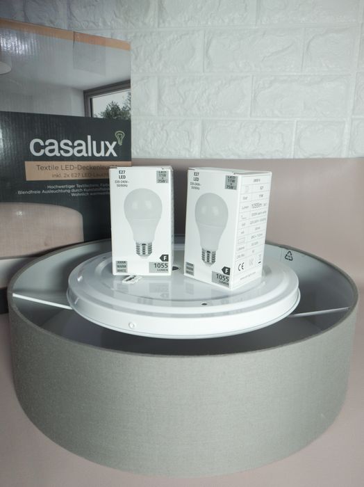 Plafonieră Casalux textilă gri Ø38 cm, 2xE27, cu 2 becuri LED incluse – Nouă