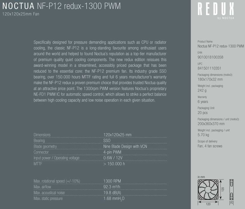 Вентилатор за кутия Noctua NF-P12 redux-1300 PWM 120mm 4Pin