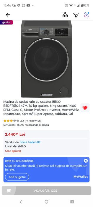 Masina de spalat rufe cu uscator BEKO B5DFT510447M, 10 kg spalare, 6 k