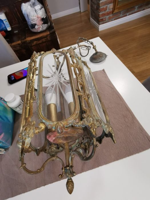 Candelabru lustra bronz masiv, cu cristal, vechi antic Italia