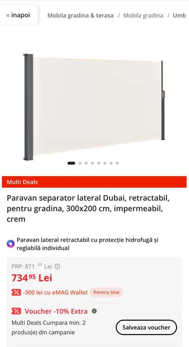 Paravan separator lateral Dubai, retractabil, pentru gradina, 300x200 cm, impermeabil, crem