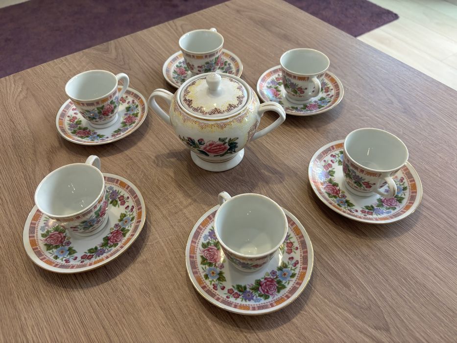 Set 6 cesti cu farfurioare si bol zahar portelan China