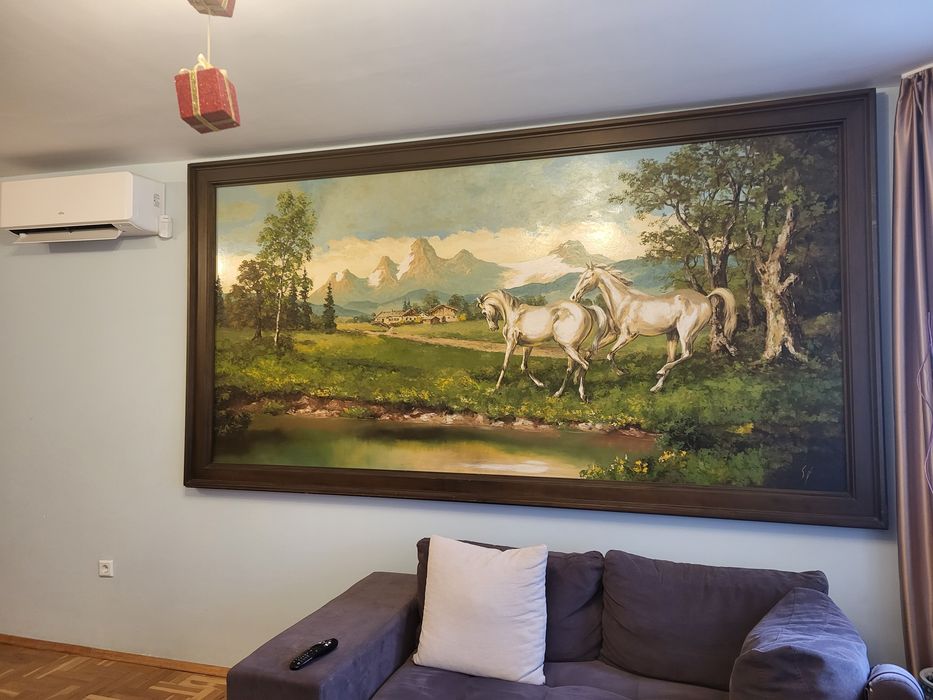 Автентична стара голяма картина от маслени бои и рамка от масивно дърв