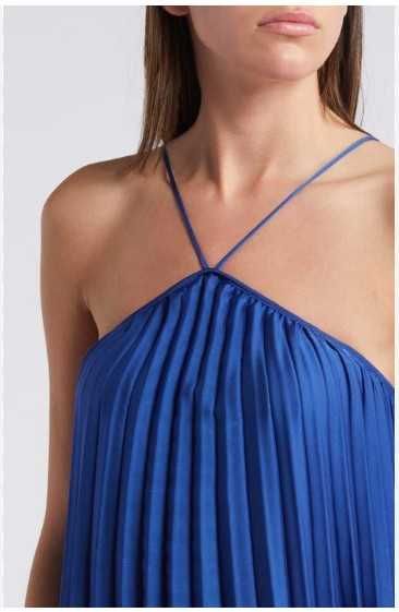 Нови дълга рокля с пайети и гол гръб, плисирана синя рокля Mango