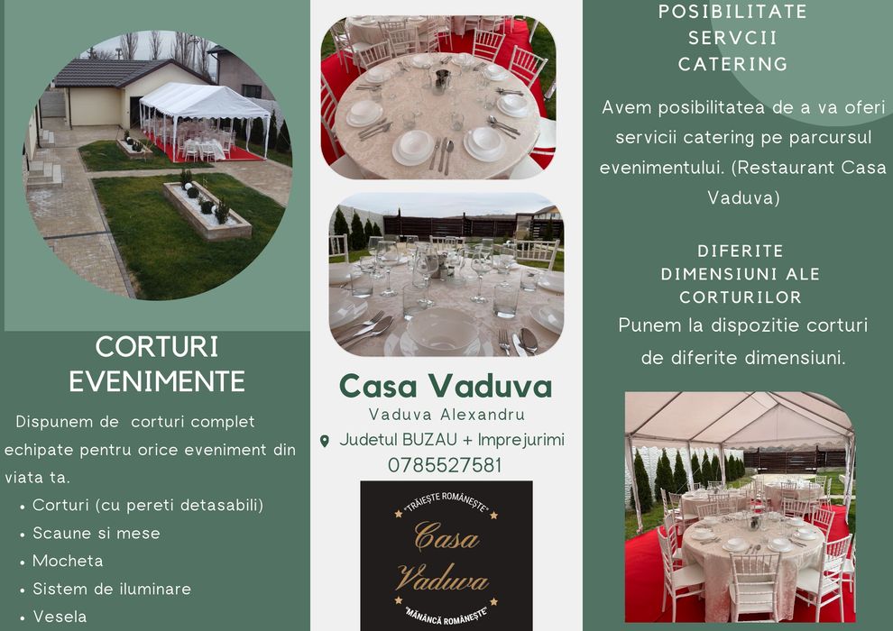 Cort inchiriere evenimente  , mese , scaune , mocheta , vesela