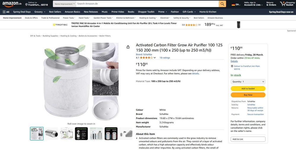 Filtru Carbon Activ pt Grow Tent, 100x250mm, REDUS de la 550RON