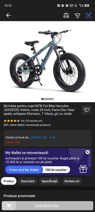 Vând Bicicletă Copii MTB Fat Bike Velors Hercules — Roată 20 inch, Gri/Verde