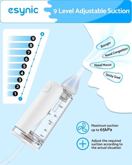 eSynic  Бебешки назален аспиратор, 9 нива на засмукване и LED светлина
