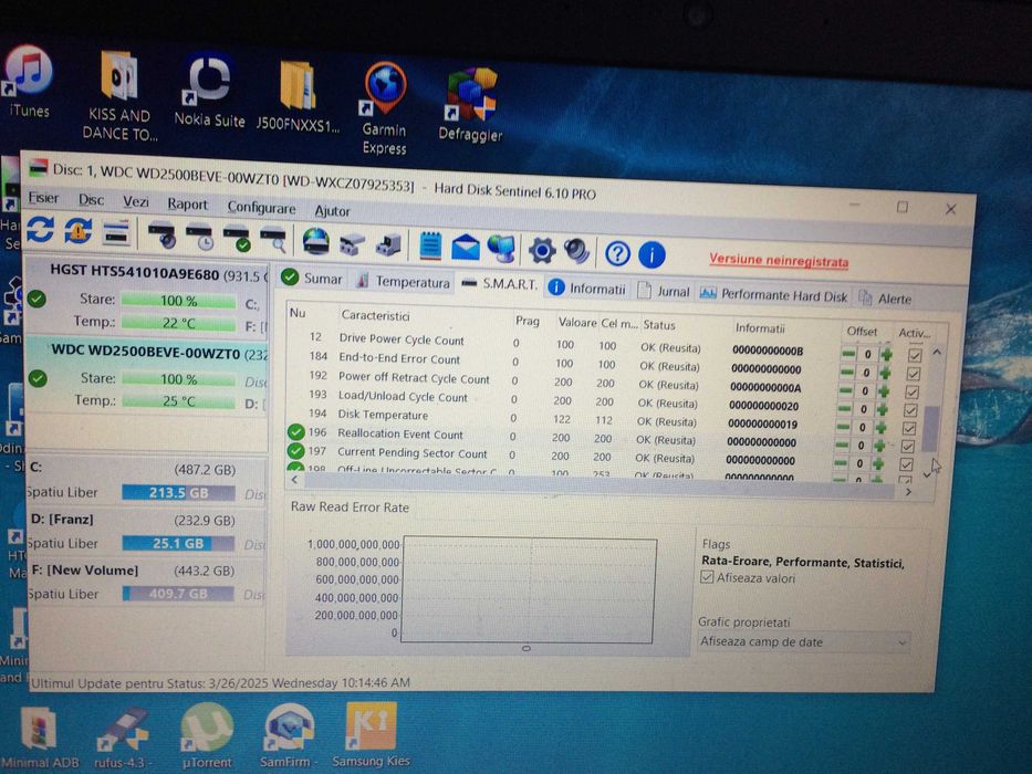 Hard disk ide laptop WD Scorpio de 250 gb cu 2 ore de functionare.