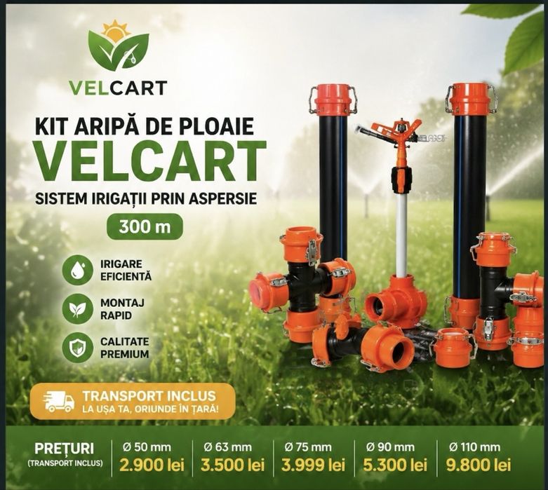 Kit irigații aspersie 300m VELCART – aripă de ploaie completă, transport inclus