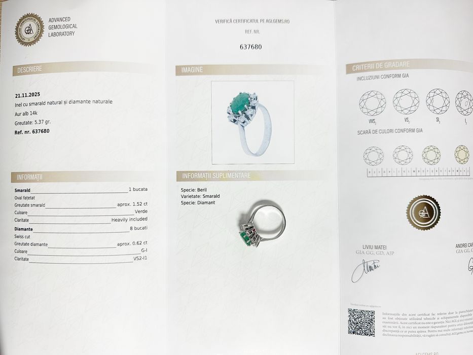 Inel din aur alb 14k cu smarald si diamante naturale