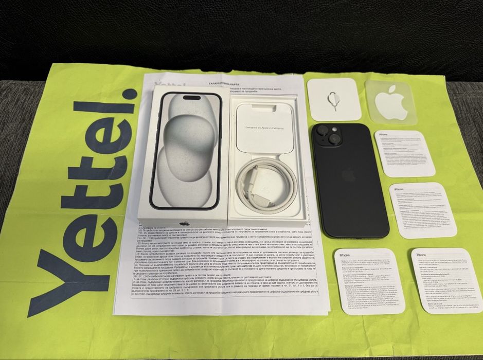 ***КАТО НОВ 256GB iPhone 15 Yettel Гаранция 2025 Black