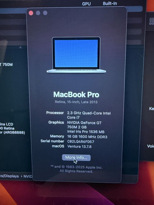 Macbook PRO I7   2.3 Ghz 16 gb ram /Nvidia GT 750m