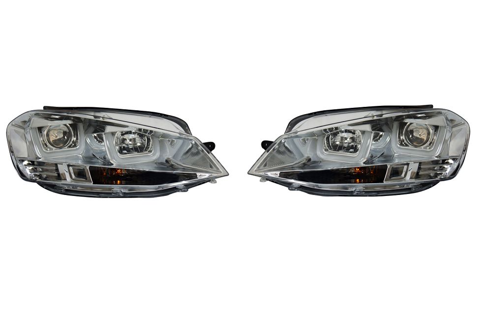 Set faruri tuning VW Golf VII (5K), 10.2012-2017, cu LED daytime running light; H1+H7; manual; crom, transparent; Tuning; halogen