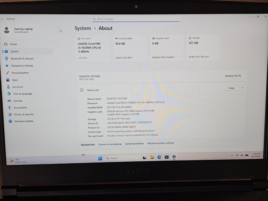 Laptop Gaming MSI GF65 Thin i5 10200H | RTX 3060 6GB | 16GB RAM | 512GB SSD