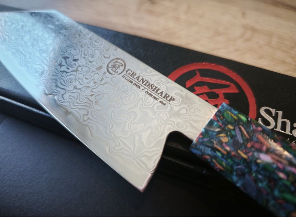 Професионален  Нож Сантоку (Santoku) - Японска дамаска стомана + Опция  Гравиране на Надпис