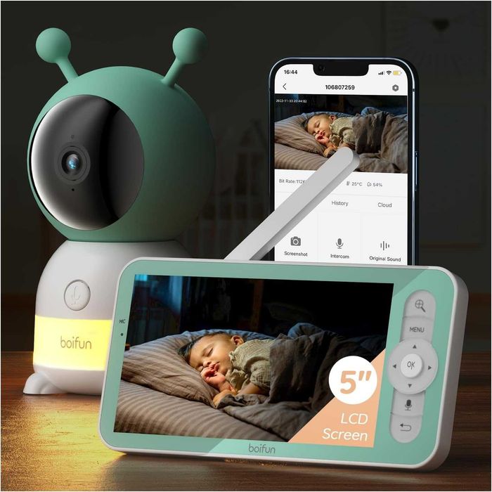 Бебефон BOIFUN 6T, 2K 5'' Екран + Приложение за Телефон, Нощна лампа