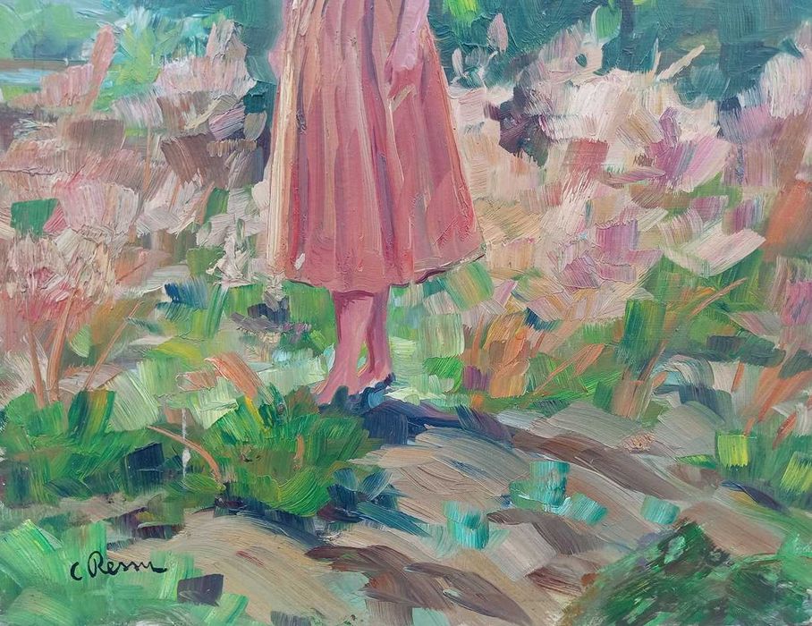 Tablou vechi -  femeie in natura - semnat C Ressu