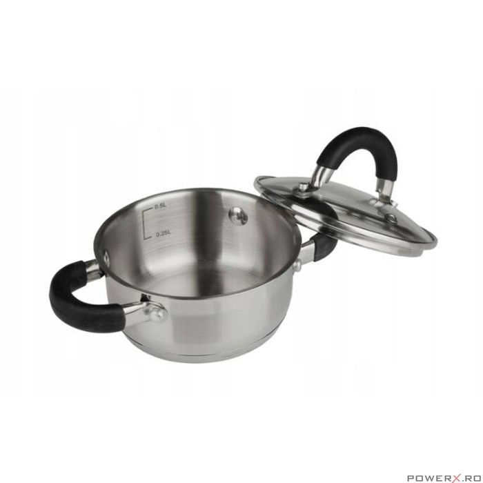Oala din inox cu capac sticla, fund termic multistrat, 1litru, 14cm,