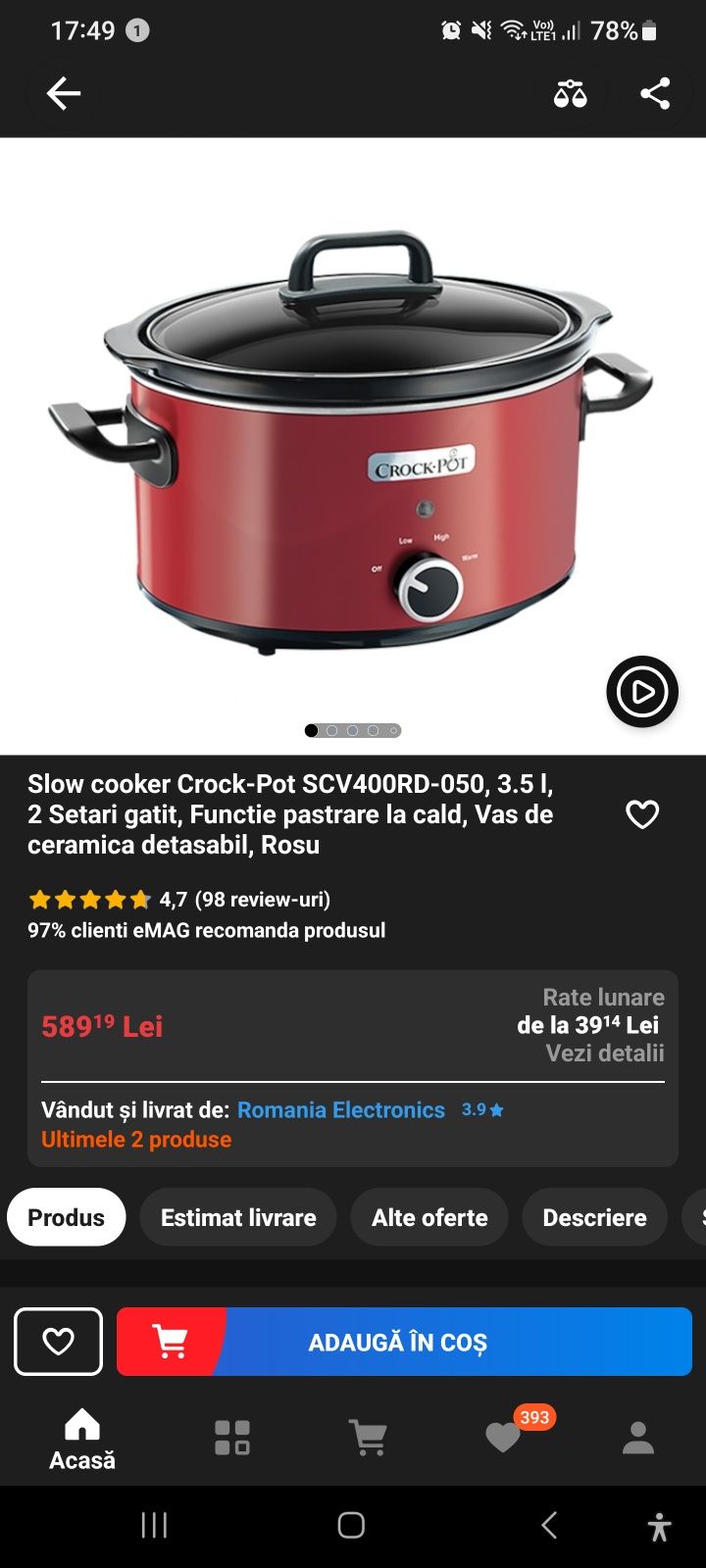 Crock Pot 3.5L Red Slow Cooker SCV400RD 