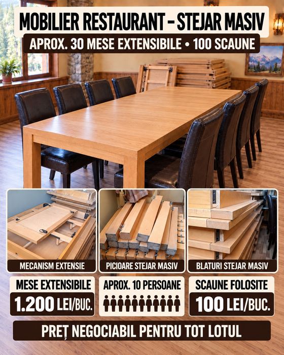 Mese extensibile din stejar masiv pentru restaurant + scaune
