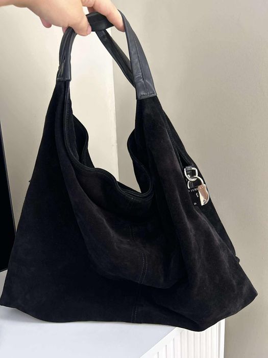 Furla Hobo голяма черна велурена чанта хобо