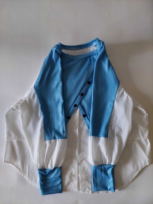 Top bluza camasa alba-bleu, cu floare bleu
