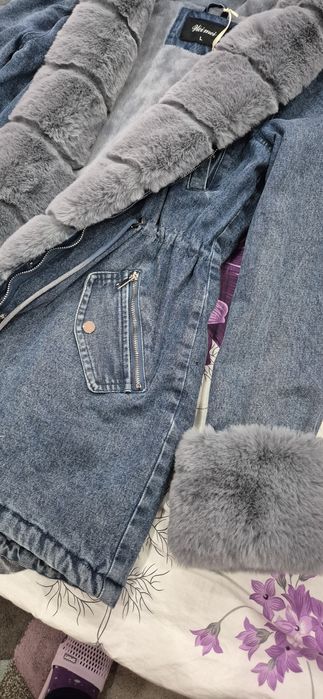 Дънкова парка сив пух свалящ се размер Л,  леко умалено, става и за М