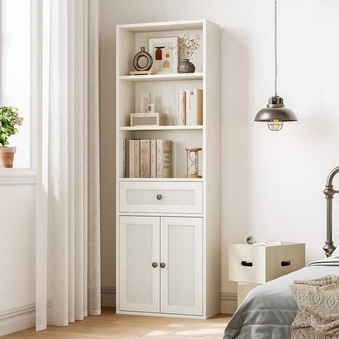 Bibliotecă Coleshome cu uși și sertar, 5 niveluri, Alb, 164 cm