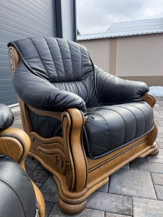 Set canapea canapele 3 - 1 - 1 Lemn Masiv + PIELE Naturala Rustic