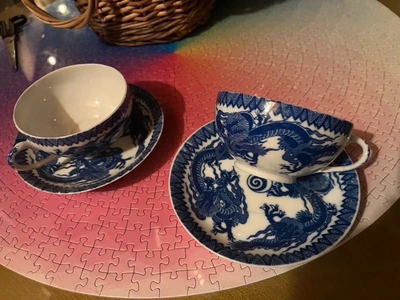 Set 2 cesti portelan Dragons Blue Japan pentru ceai cafea, cu farfurie