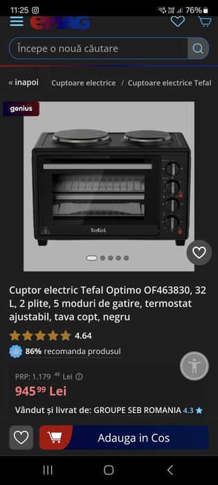 NOU Cuptor electric Tefal Optimo OF463830, 32 L, 2 plite,5 moduri de g