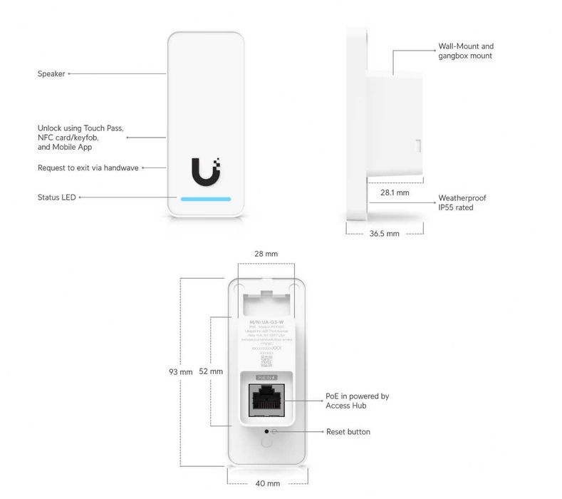 Unifi G3 Reader - Access Poarta / Usa cu suport Touch Pass (Apple Wallet) Ubiquiti