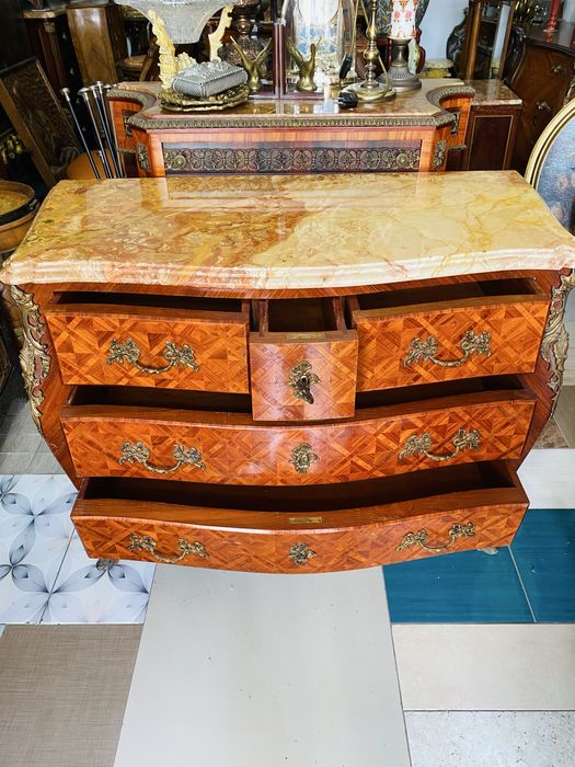 Comoda  Vintage Marmura Lemn Masiv Bronz Intarsii Baroc Louis XV Antic