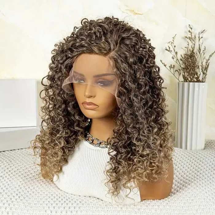 Тъмно руса омбре къдрава перука с руси краища лейс фронт 13*4*1