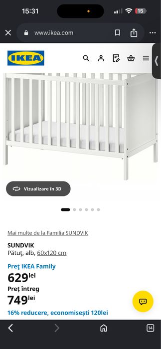 Pătuț bebe Ikea SUNDVIK+ saltea cocos