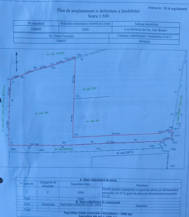 Ofer spre vanzare 1500 mp teren Moeciu de jos