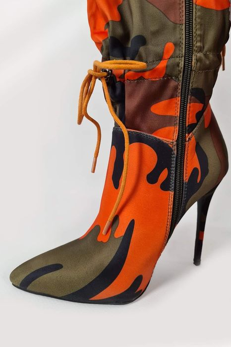 Botine satin sliletto Dama camuflaj toc cui varf ascutit