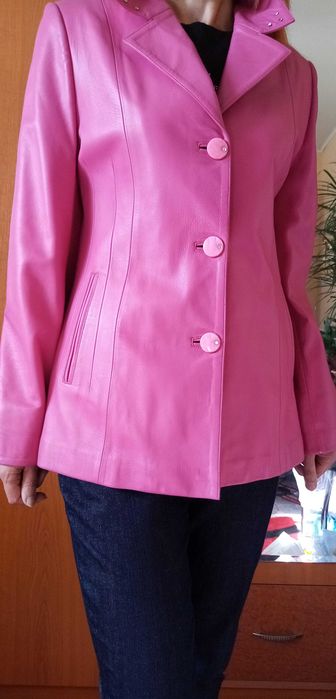 Geaca piele naturala roz tip sacou masura M-L 42-44