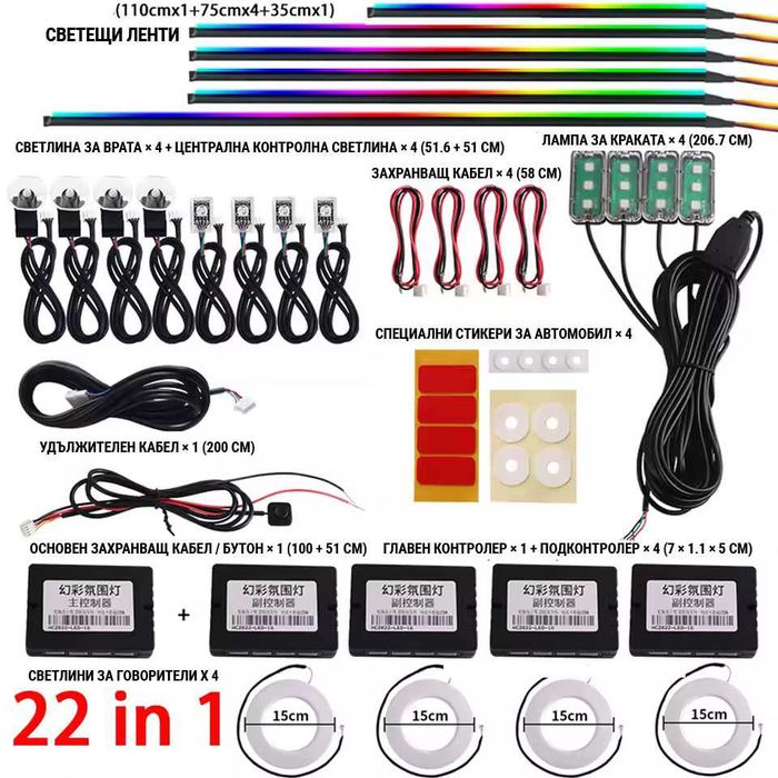 RAINBOW LED амбиентно осветление за автомобили с RGB 256 цвята, 22 в 1