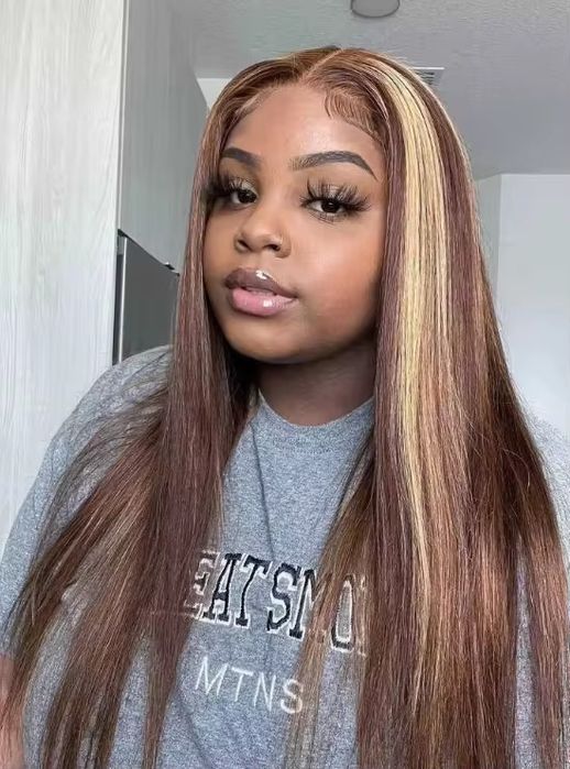 Естествена перука кафява с руси кичури 70-75 см - Lace Front 13x6