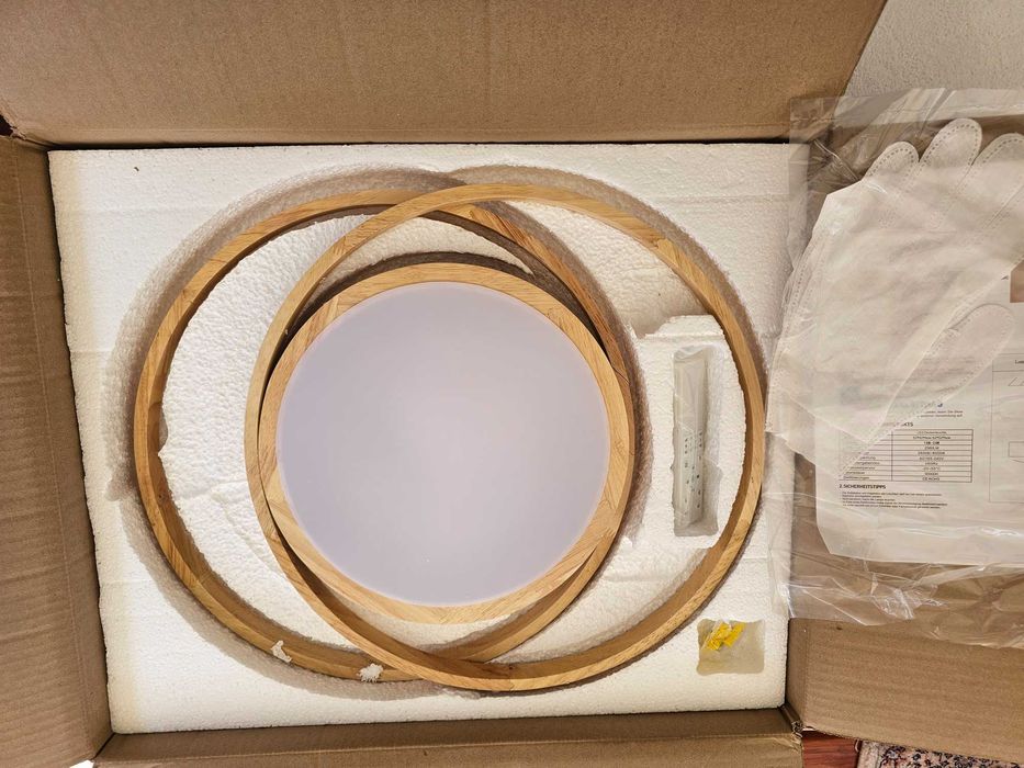Plafonieră LED Ø52 cm, 2 inele, dimabilă, telecomandă, lemn natural stejar