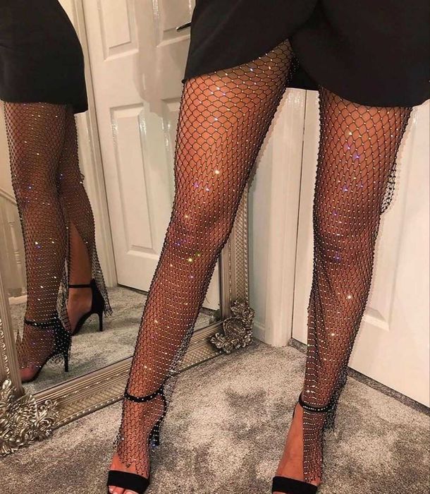 mesh черен панталон мрежест камъни клин чорапогащник с кристали лъскав