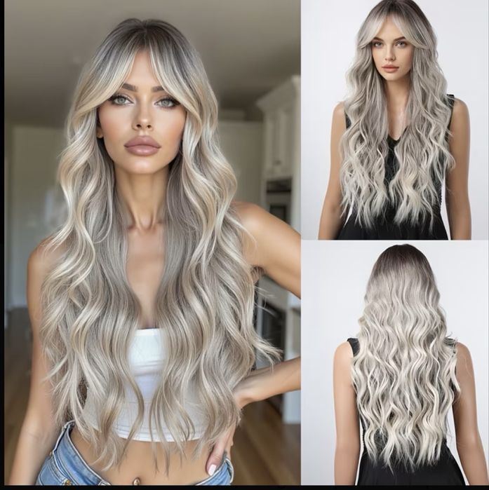 Peruca blonda  lunga , ondulata , blond gri , suvite